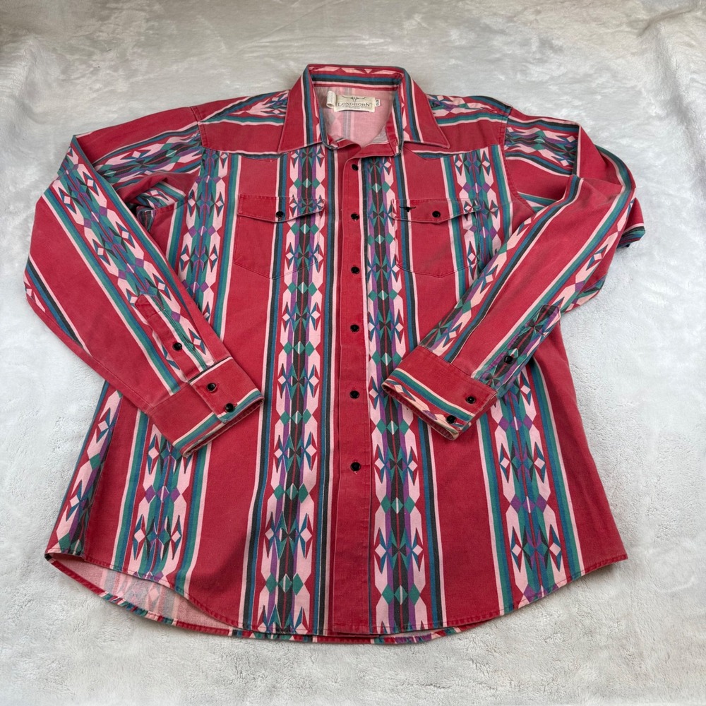 Longhorn Western Shirt Mens 17‎ 1/2-38 Southwestern Print Red Button Down USA